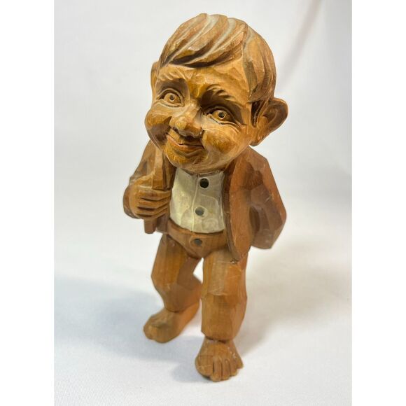 Vintage Hand Carved Wood Hobbit Man with Log - Picture 1 of 8